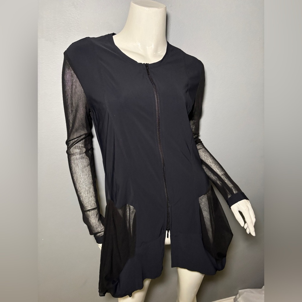 Sheer Sleeve Mini Dress with Front Zip - Black - Picture 7 of 14